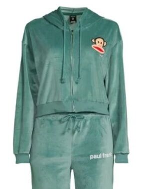 Paul Frank Shamrock Green Velour Full Zip Hooded Jacket Sz L Jr w MEASUREMENTS
